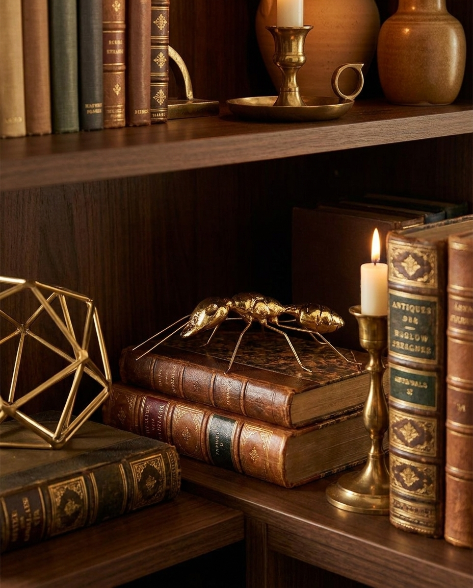 Gold-Finish Insect Sculpture on bookshelf with brass accents
