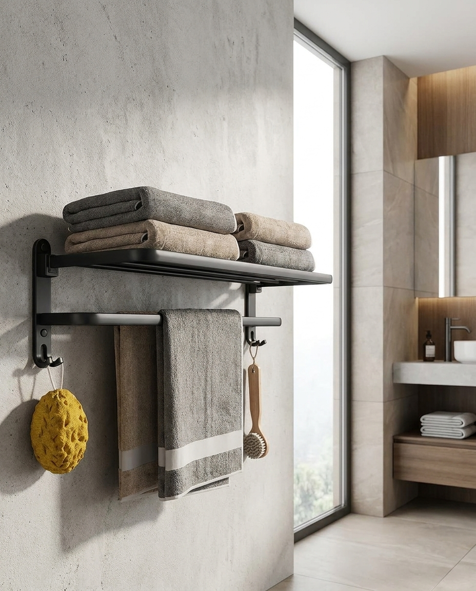 Matte Black Folding Towel Rack in organized bathroom