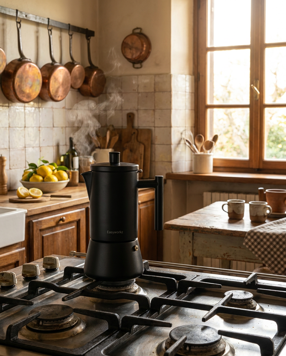Elegant Stainless Steel Espresso Maker on stovetop