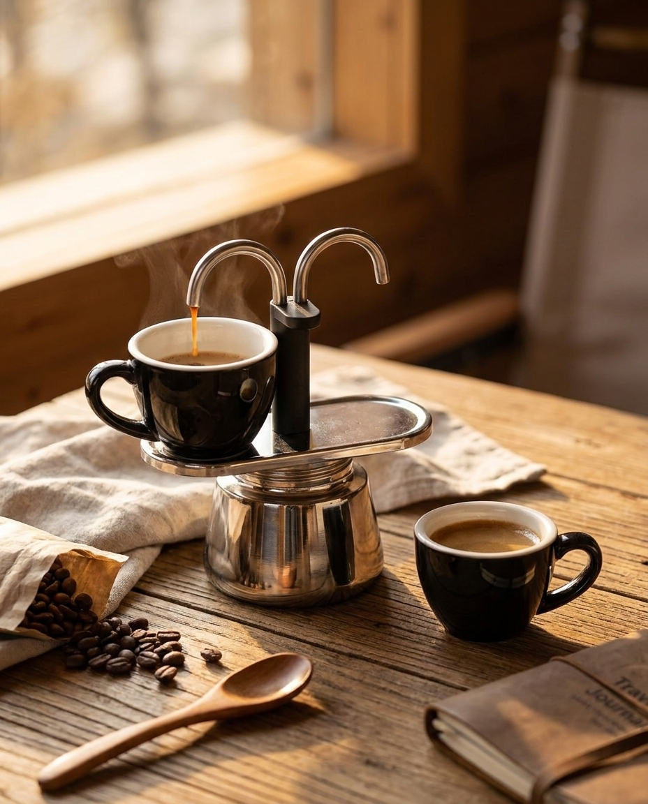 Compact Mini Moka Pot with espresso cup
