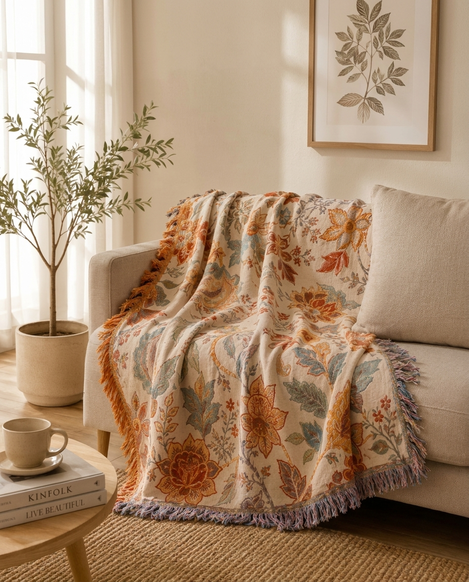 Floral Cotton Throw Blanket draped over sofa