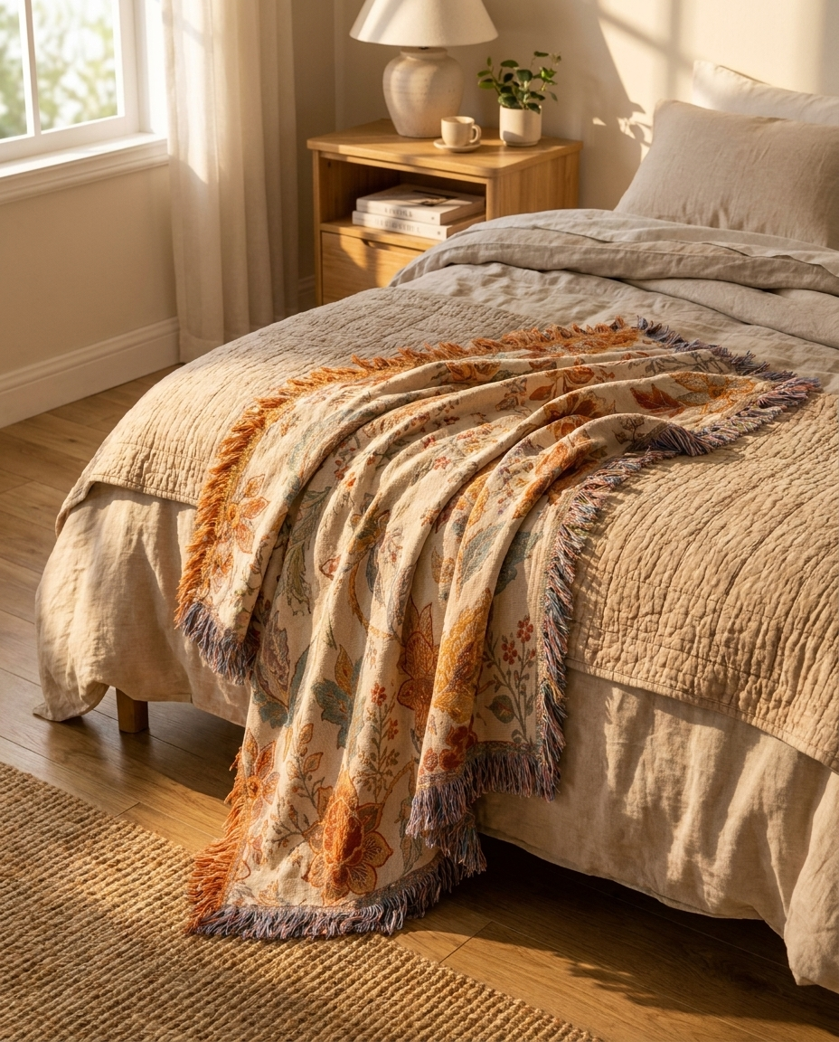 Floral Cotton Throw Blanket draped on bed
