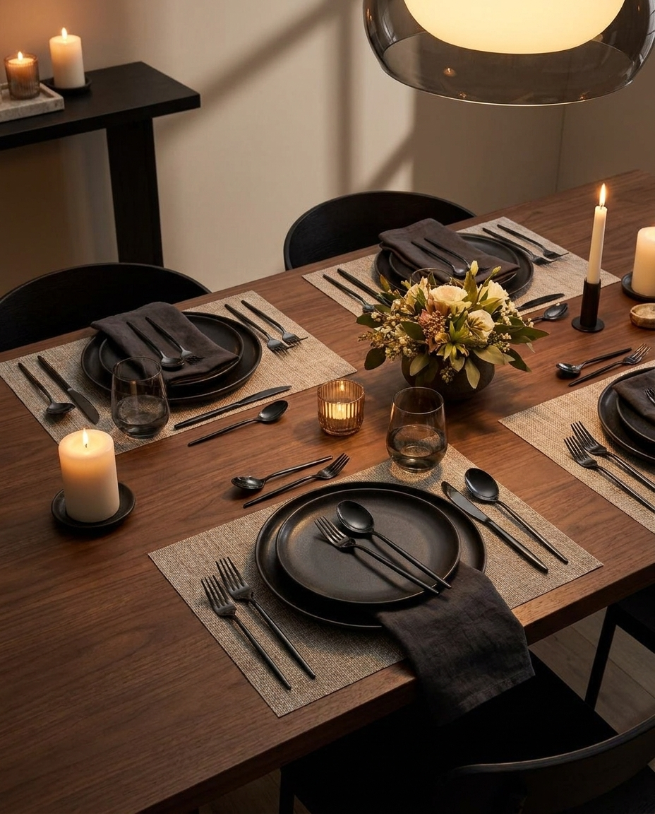 24-piece black stainless steel cutlery set laid out on a modern dining table