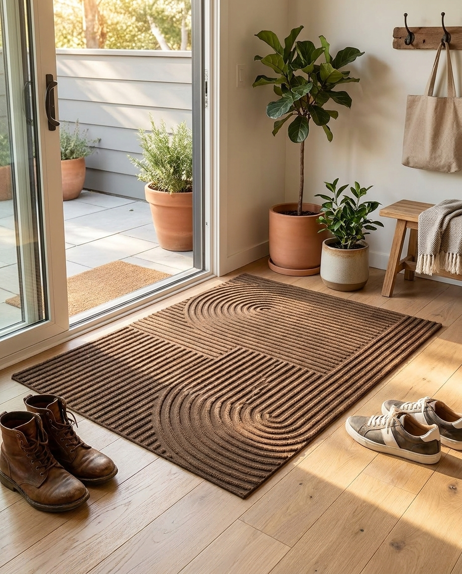 Geometric 3D anti-slip scraper doormat at a modern home entrance