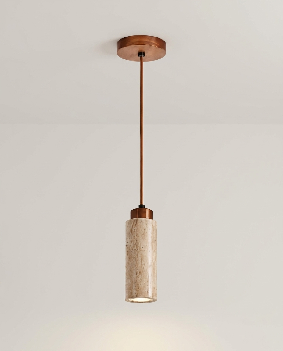 Natural stone pendant light on a clean light neutral studio background