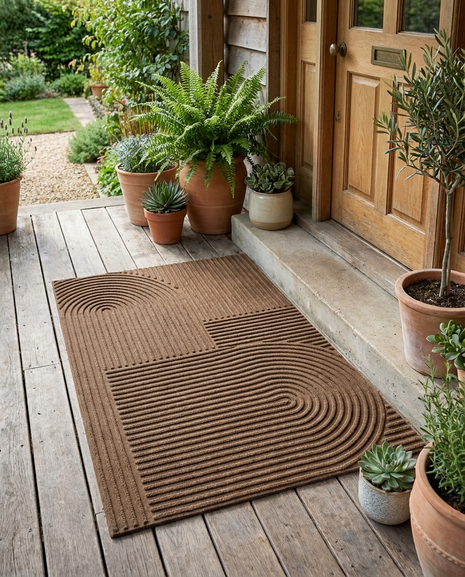 Geometric doormat placed outside a front door on a porch with plants