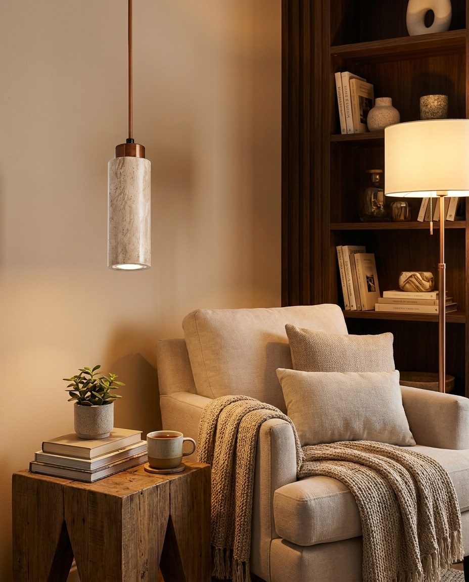 Natural stone pendant light hanging over a cozy reading corner