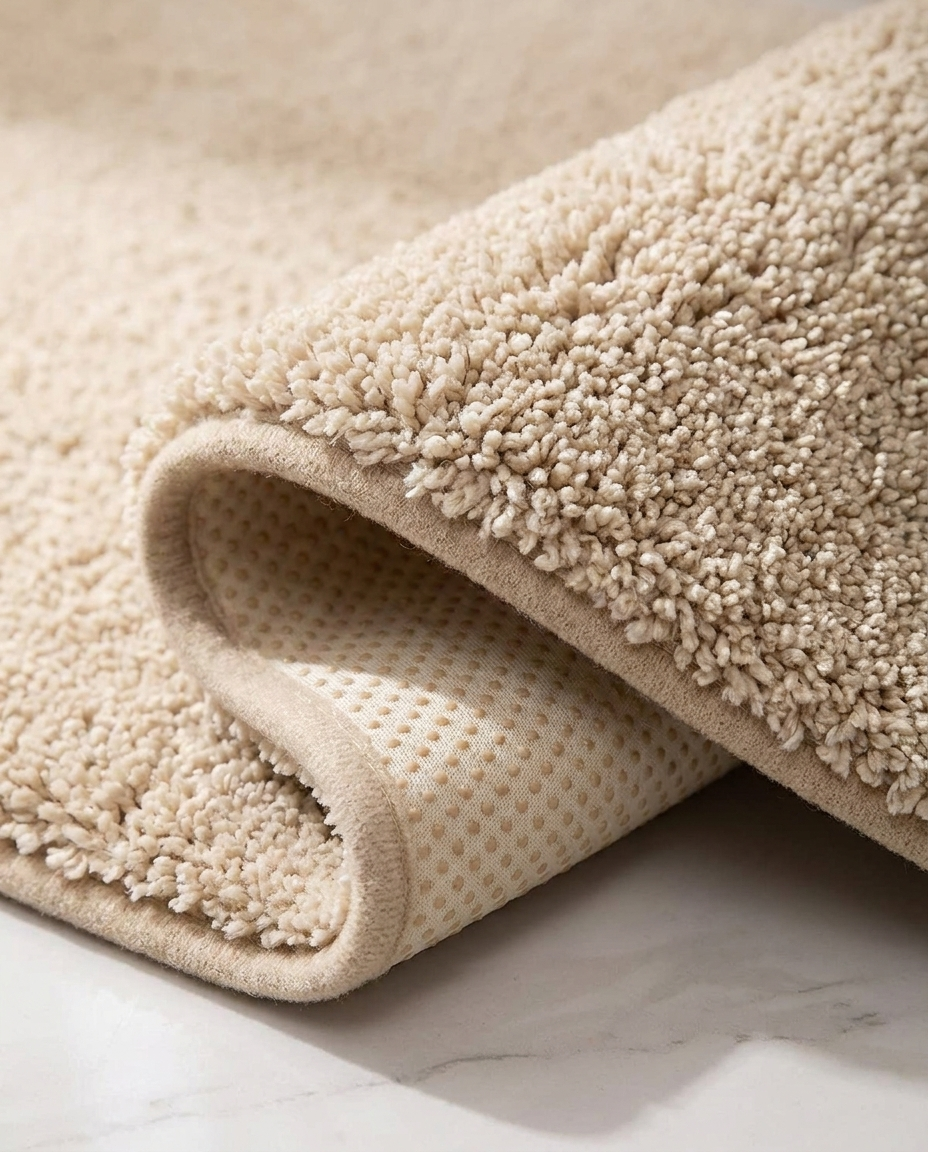 Close-up of plush absorbent texture and non-slip backing on a bath mat