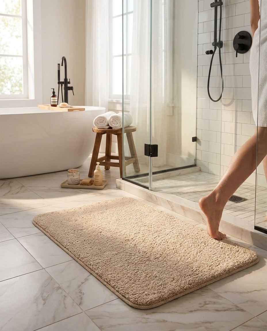 Plush non-slip bath mat on a bathroom floor in front of a modern shower