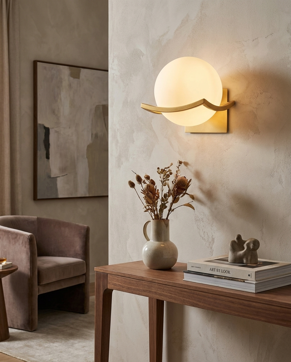 Elegant glass globe wall sconce with gold finish in a modern living room