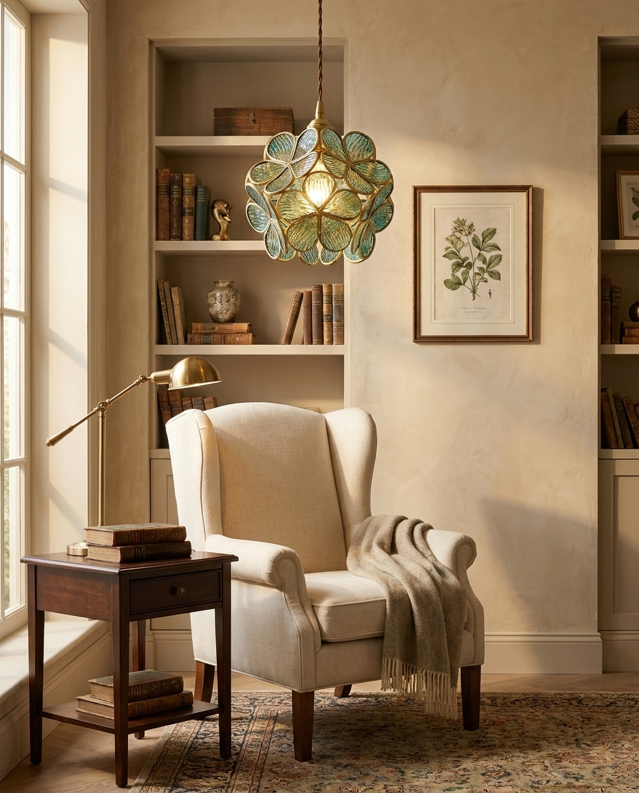 Vintage brass flower pendant light in an elegant reading nook