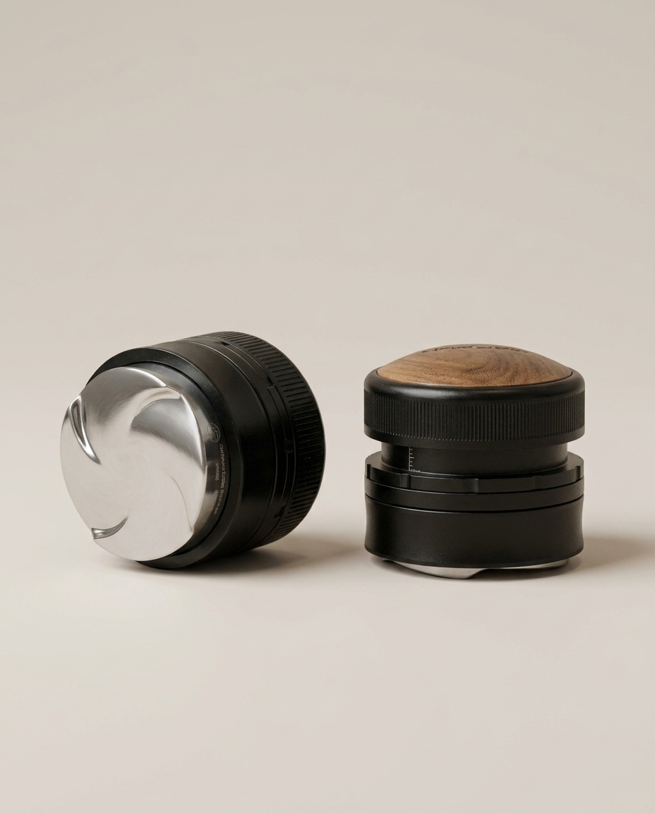 Espresso distributor tool on a clean light neutral studio background
