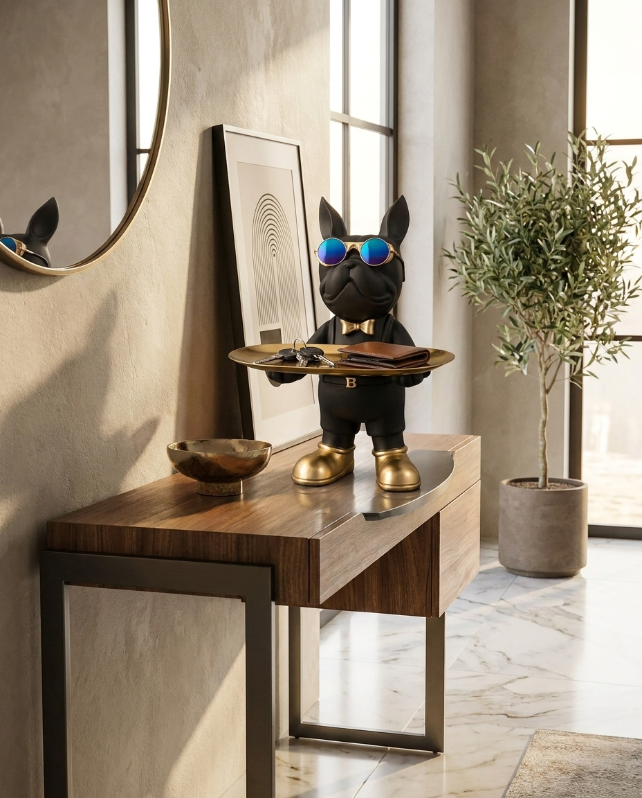 Elegant bulldog sculpture with integrated tray on an entryway console table