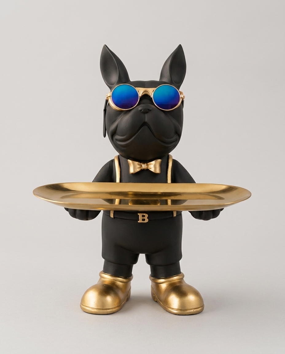Bulldog sculpture with integrated tray on a clean light neutral studio background