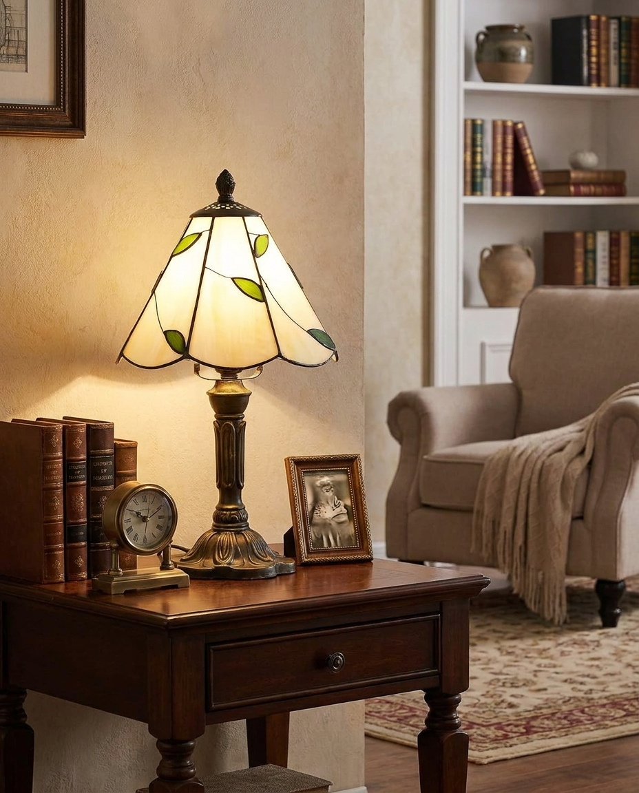 Retro Tiffany glass table lamp glowing on a living room side table