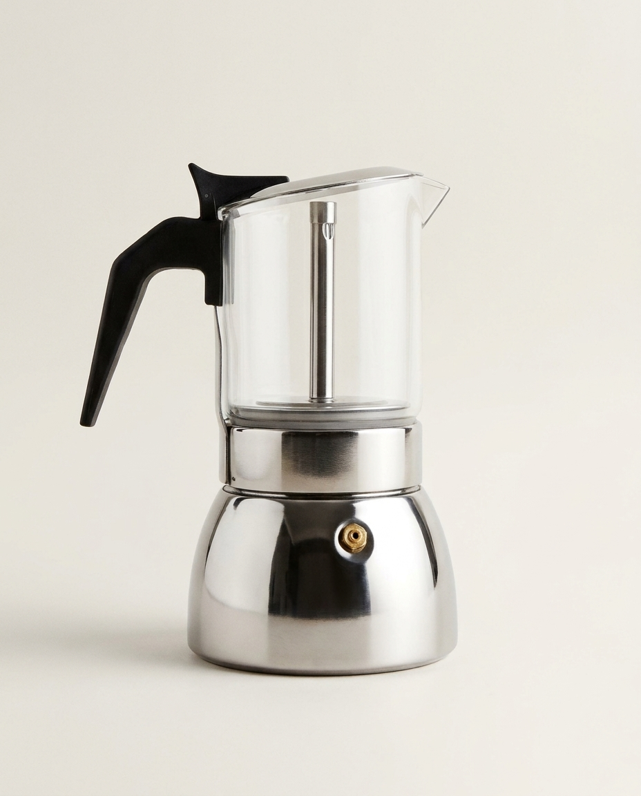 Borosilicate glass moka pot on a clean light neutral studio background