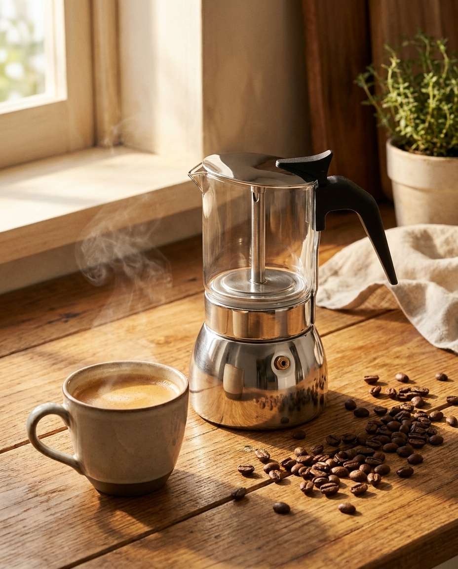 Glass moka pot espresso maker on a kitchen counter with a cup of espresso