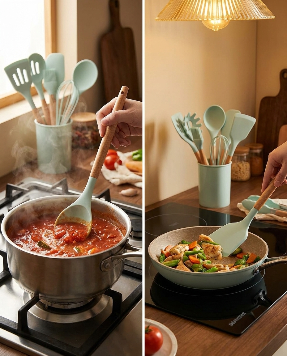 Silicone cooking utensil with wooden handle stirring a pot on a stovetop