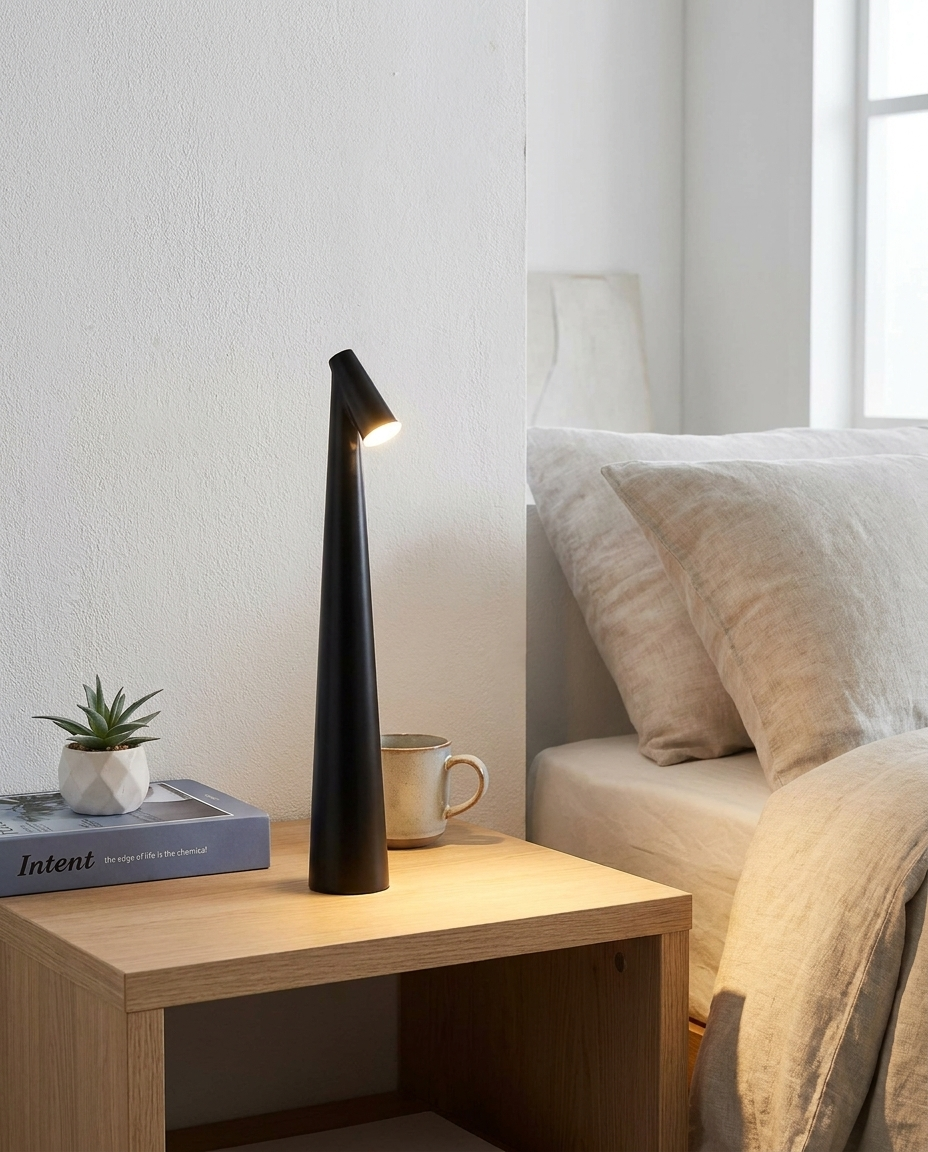 Nordic minimalist wireless LED table lamp glowing on a bedside table