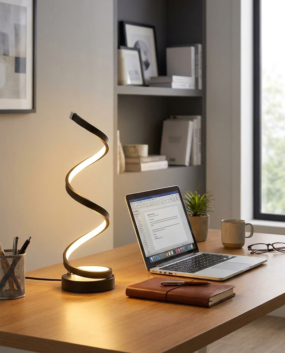 Spiral LED desk lamp illuminating a modern home office desk