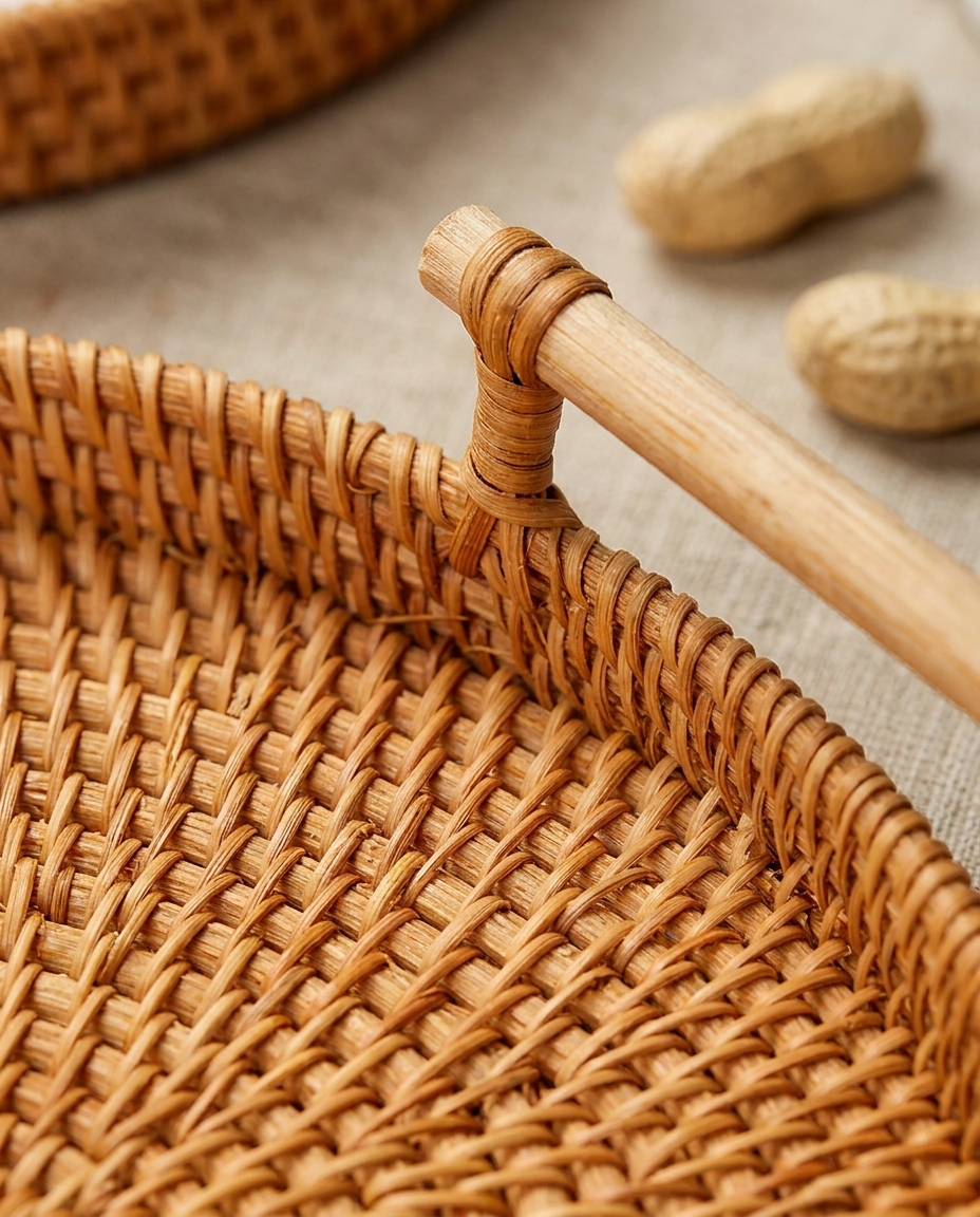Close-up of woven rattan texture and wooden handle of a storage tray
