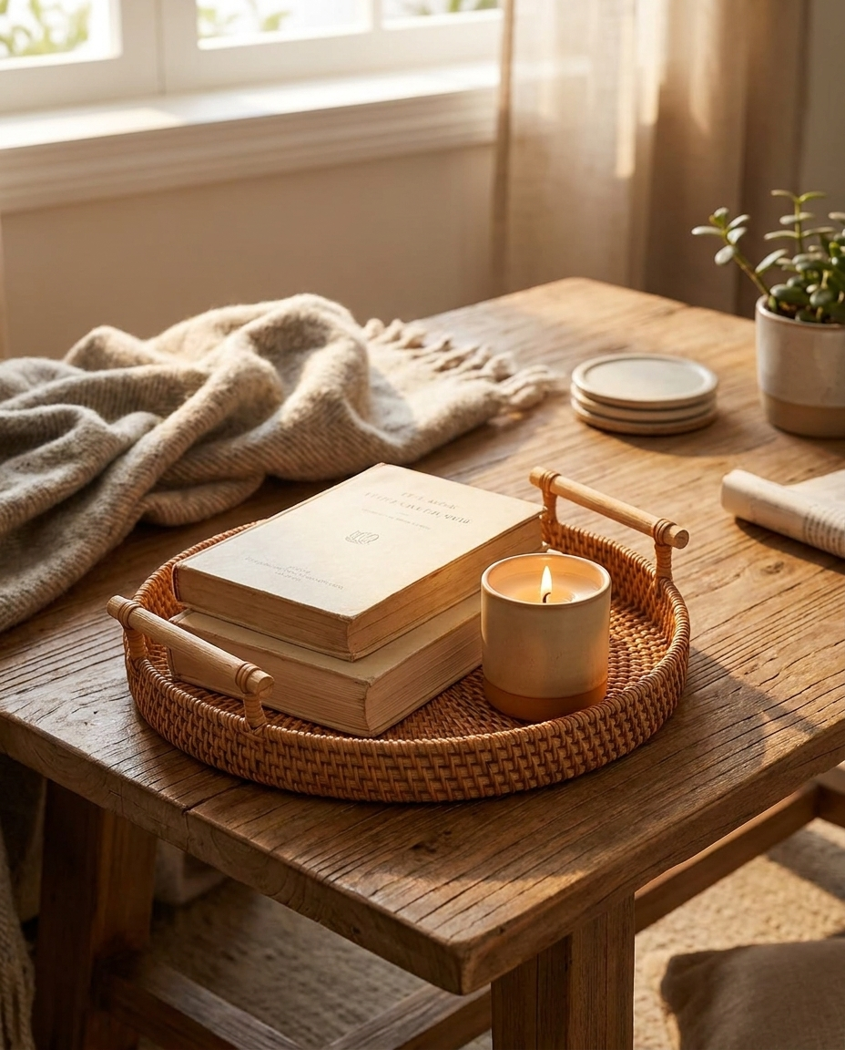 Natural rattan storage tray with wooden handle on a coffee table