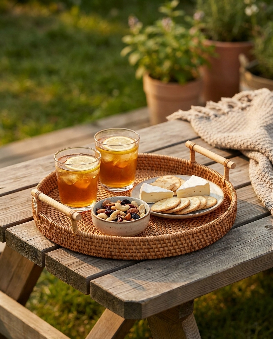 Rattan storage tray serving drinks and snacks at an outdoor gathering