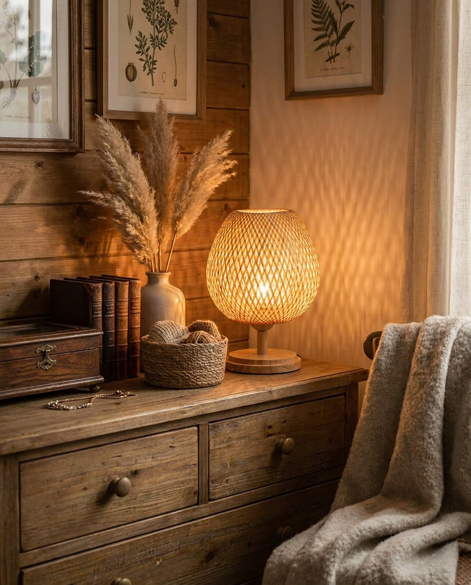 Hygge bamboo and rattan table lamp on a bedroom dresser with vintage decor
