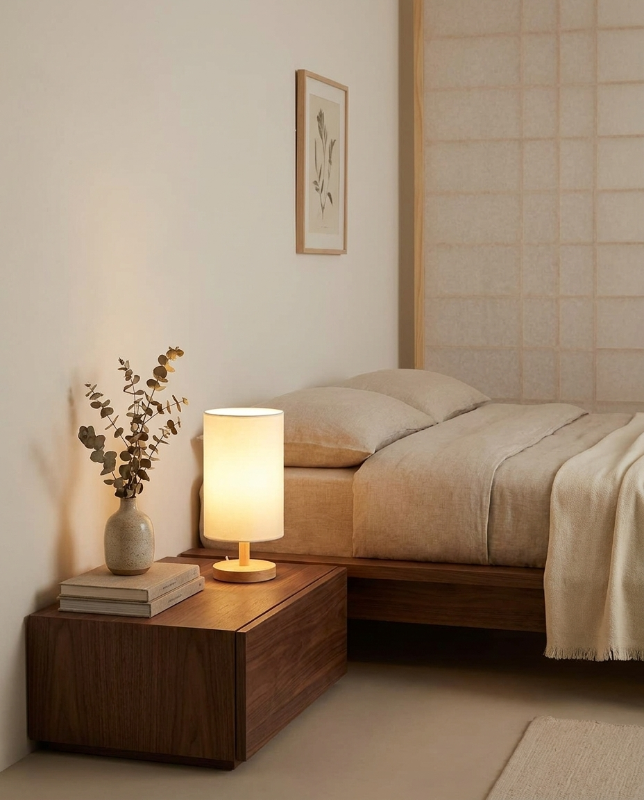 Japanese-style cylinder table lamp on a bedroom nightstand