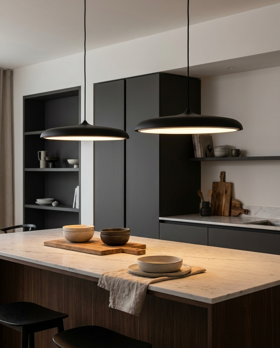 Black UFO-design pendant light hanging over a kitchen island