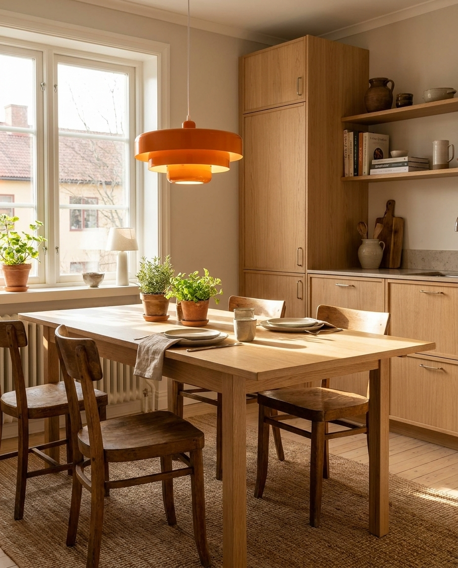 Nordic LED pendant light above a minimalist dining table