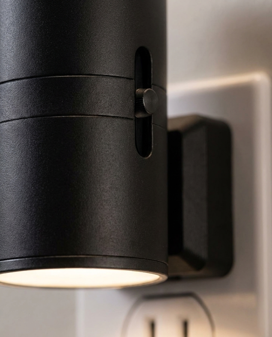 Close-up of compact design and sensor of a plug-in LED night light
