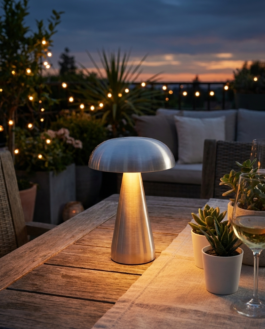 Elegant battery-operated aluminum table lamp with tri-color lighting on a patio table