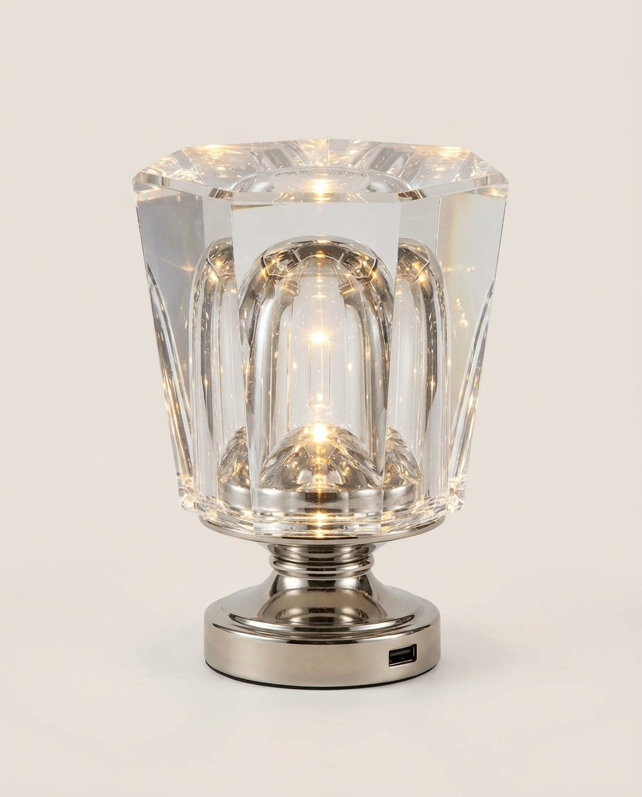 Elegant iron and crystal table lamp on a clean light neutral studio background