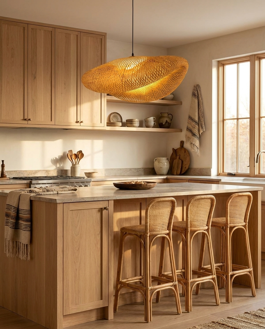 Handcrafted rattan pendant light hanging above a kitchen island