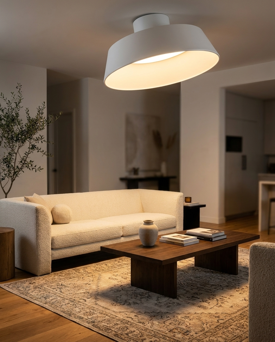 LED ceiling light fixture illuminating a modern living room