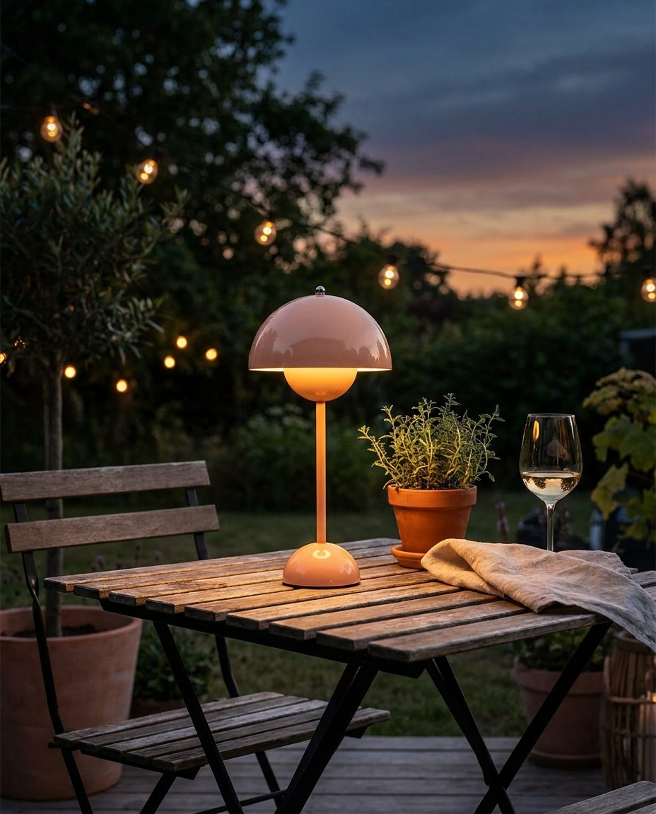 Cordless portable table lamp glowing on an outdoor patio table