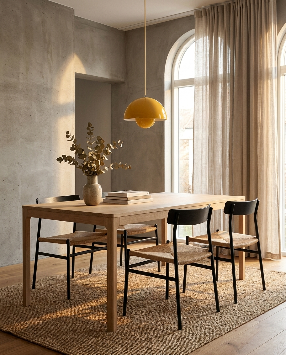 Modern flowerpot pendant light hanging above a dining table