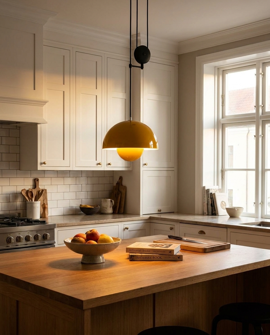 Modern flowerpot pendant light with adjustable height hanging over a kitchen island