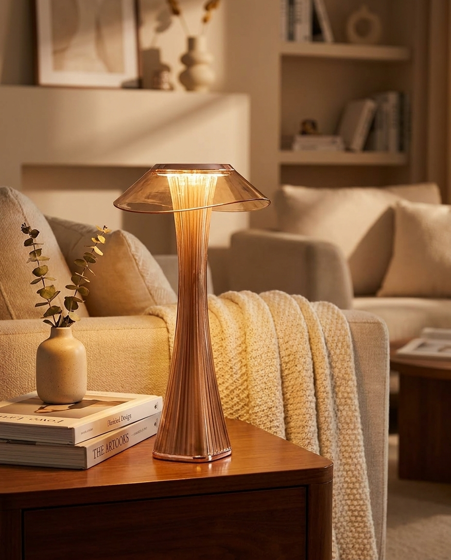Stylish LED table lamp with 3 light modes on a living room side table