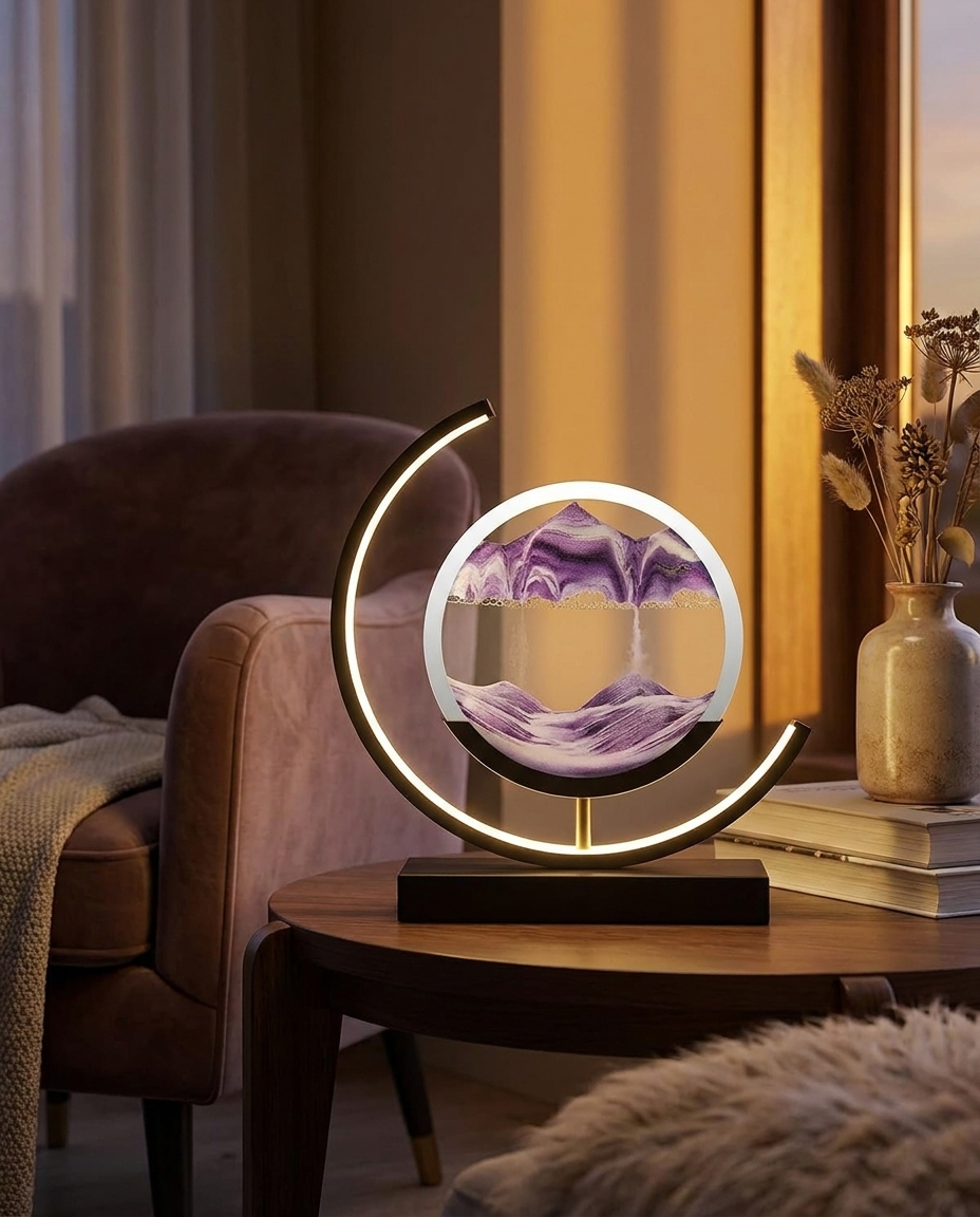 Sand art lamp glowing on a modern living room side table