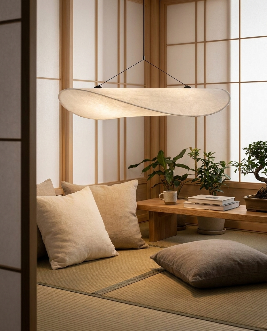 Japandi pendant light hanging above a serene reading nook