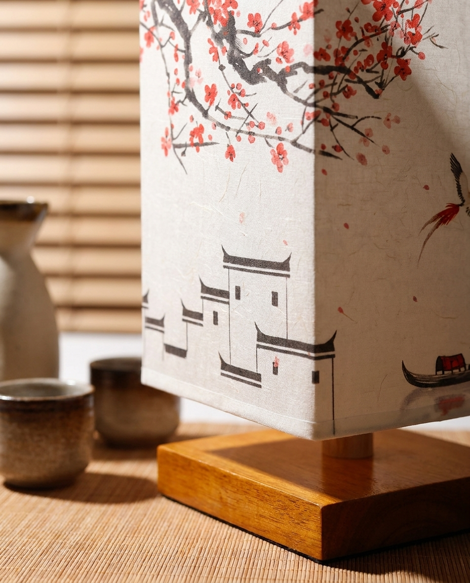 Close-up detail of the Japanese pattern shade texture and lamp base finish