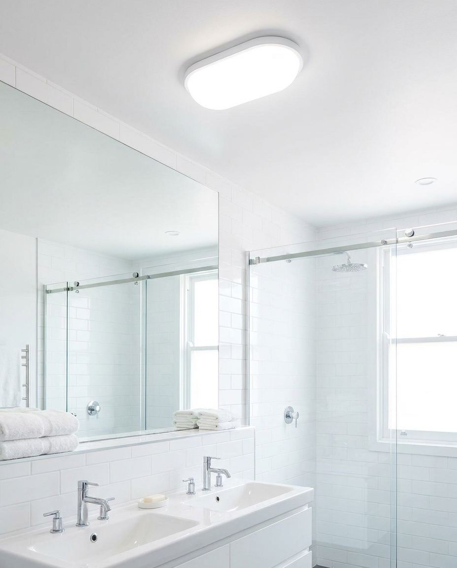 Moisture-resistant LED ceiling light installed in a modern bathroom