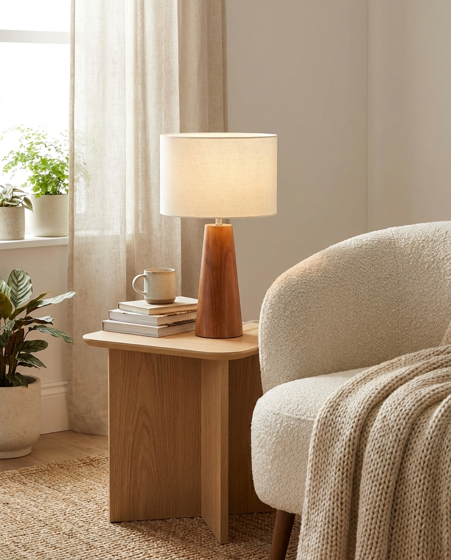Scandinavian table lamp glowing on a cozy reading corner side table