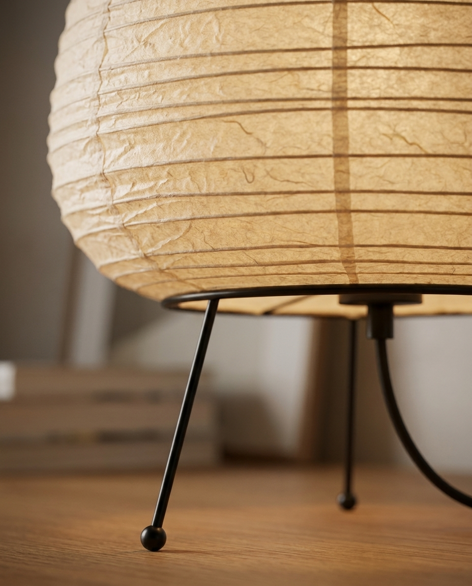 Close-up detail of the washi paper shade texture and lamp base finish