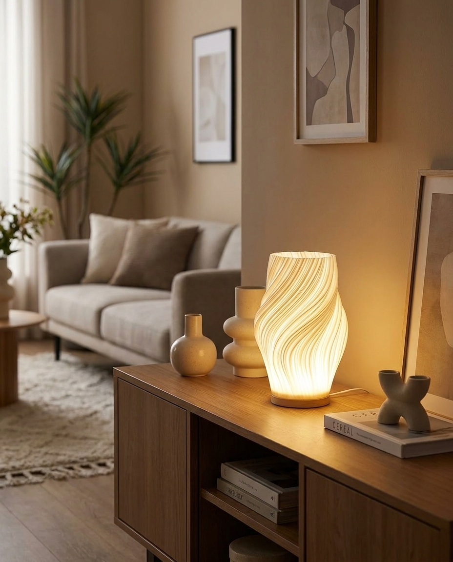 Modern wave-shaped LED table lamp on a stylish living room console table