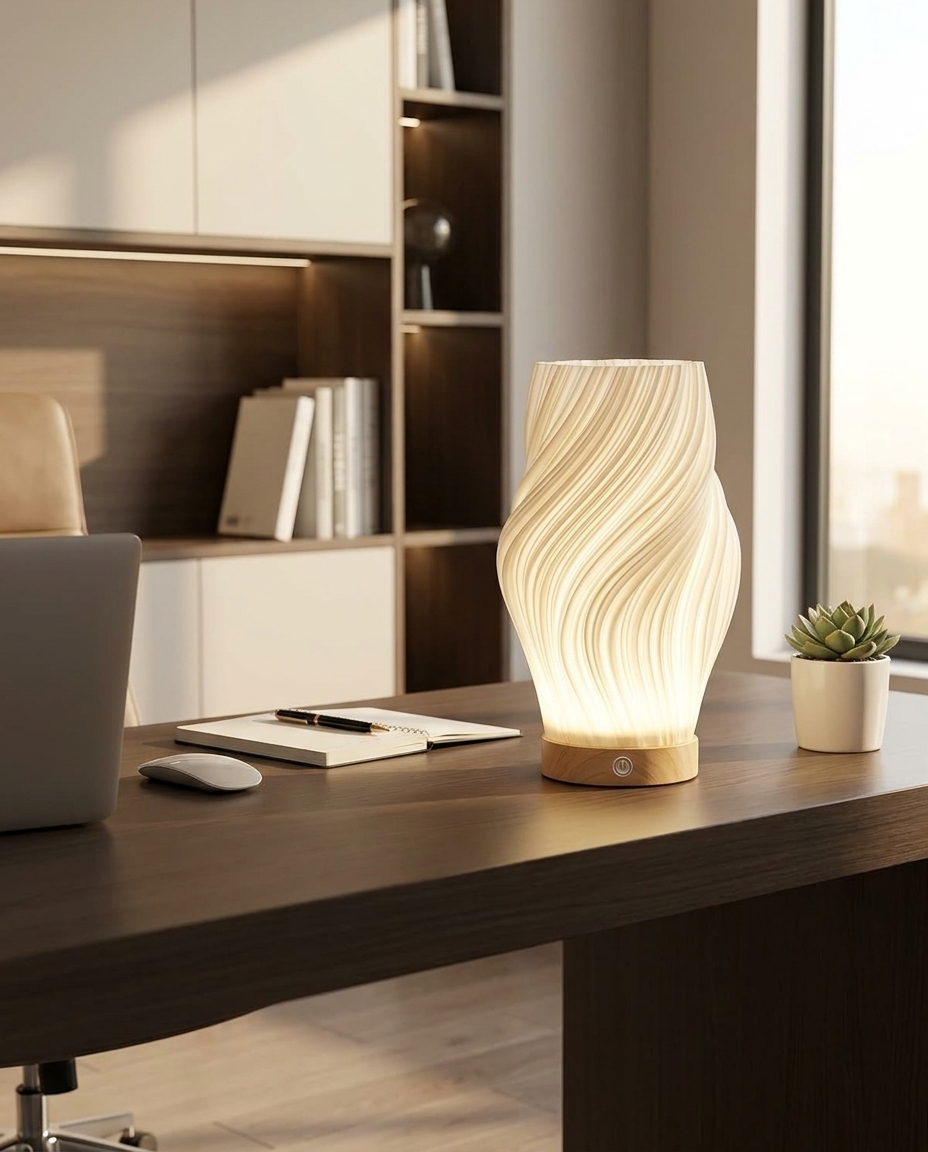 Modern wave LED table lamp on a sleek office desk