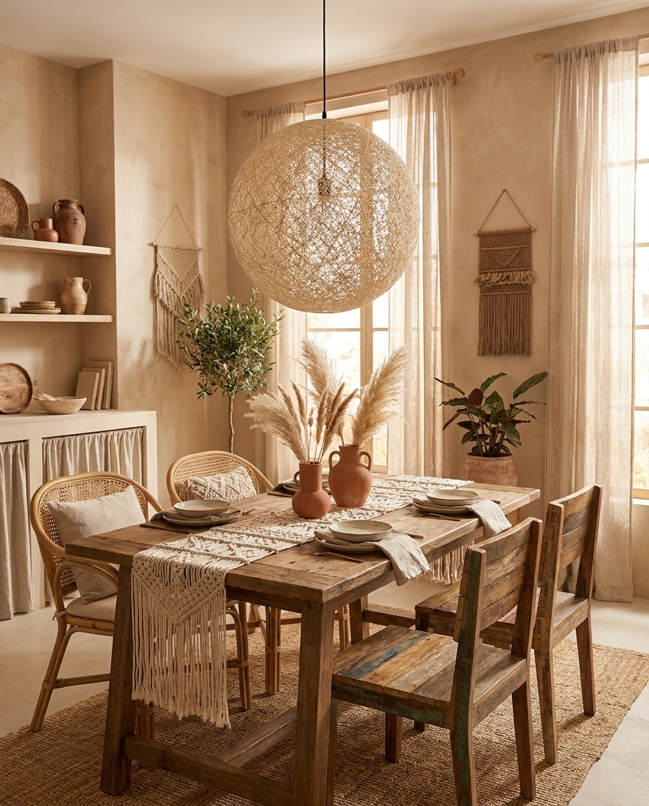 Handwoven hemp pendant light with adjustable height over a natural boho dining area