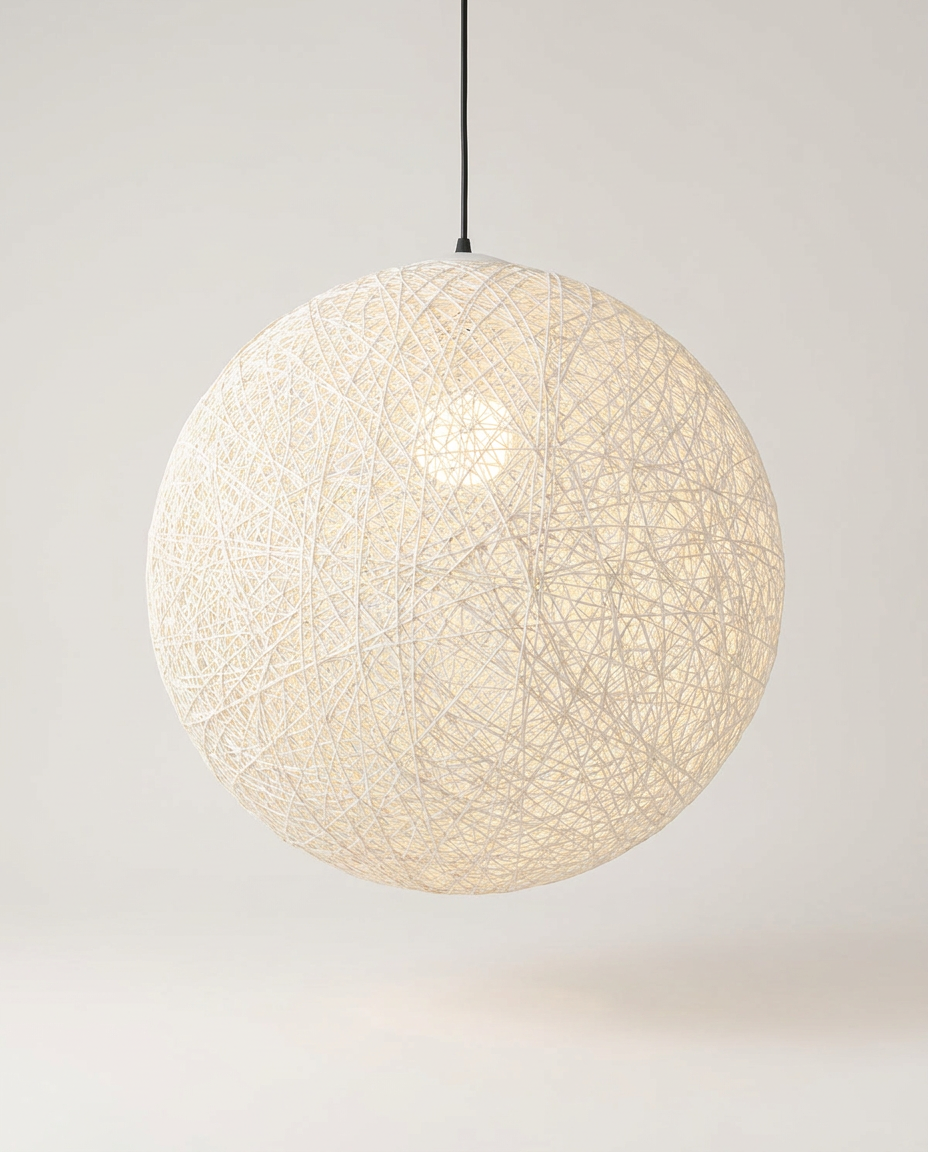 Handwoven hemp pendant light isolated on a clean neutral studio background